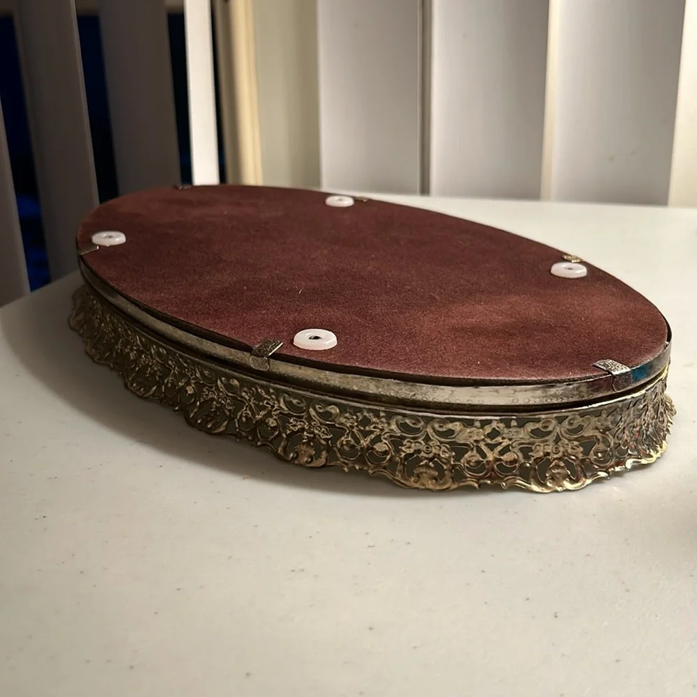 Vintage gold tone mirrored filigree vanity dresser mirror - tray